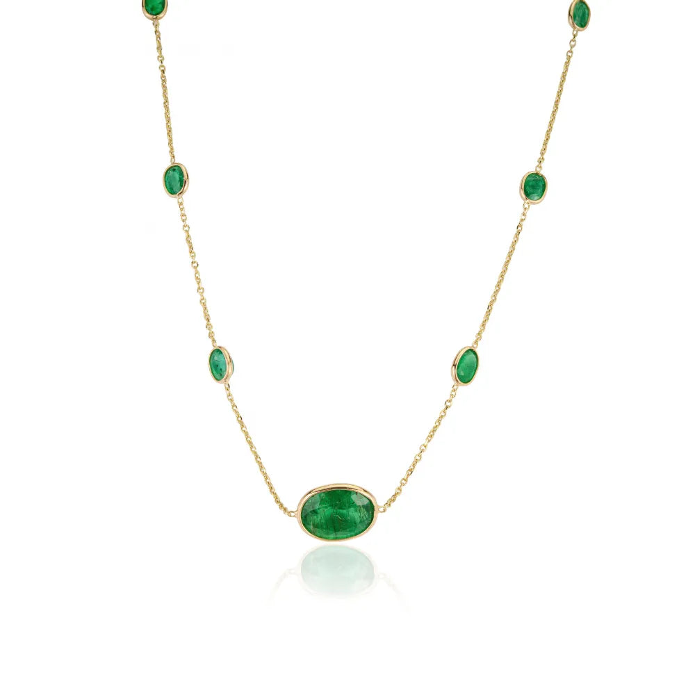 Precious Gemstone Fine Emerald Station Chain Necklace May Birthstone Pure 14K Yellow Gold Women's Jewelry