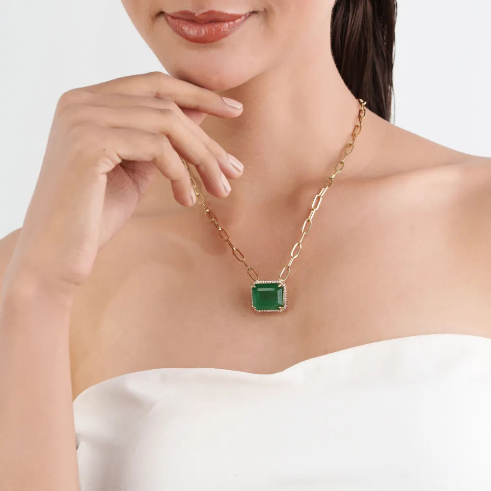 18.82ct. Zambian Emerald & Diamond Cluster Paperclip Chain Pendant Necklace K14 Yellow Gold Jewelry