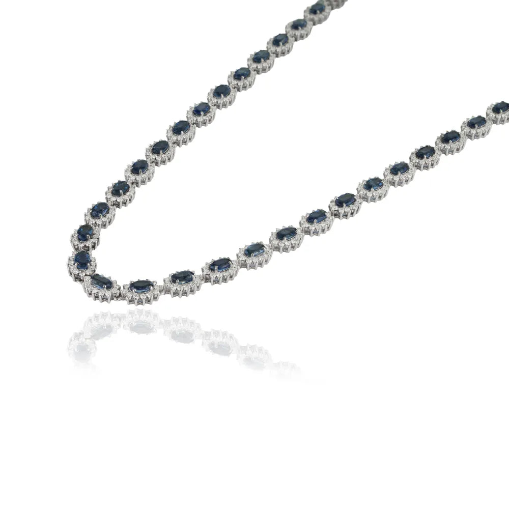 Prong Set Blue Sapphire & Diamond Fine Cluster Tennis Necklace For Women 14K Real White Gold Bold Jewelry
