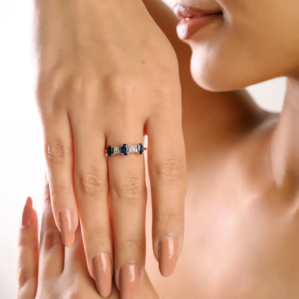 Newly Design 14K Solid White Gold Blue Sapphire & Diamond Three Stone Ring Custom Jewelry
