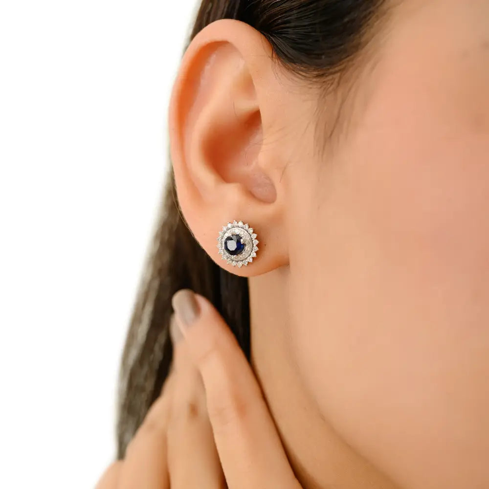 18K Pure White Gold Blue Sapphire & Diamond Round Shape Double Cluster Stud Earrings