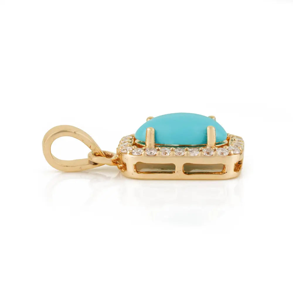 Semi Precious Gemstone Turquoise & Diamond Solid K14 Yellow Gold Halo Pendant For Her