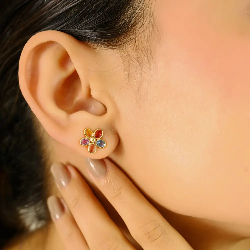 3x4mm Oval Cut Multi Sapphire Gemstone Floral Shape Stud Earrings 14K Yellow Gold Jewelry