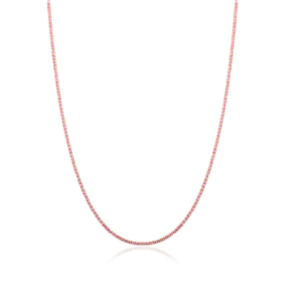 Natural Round Cut Pink Sapphire Sleek Tennis Necklace 14K Yellow Gold Handmade Jewelry