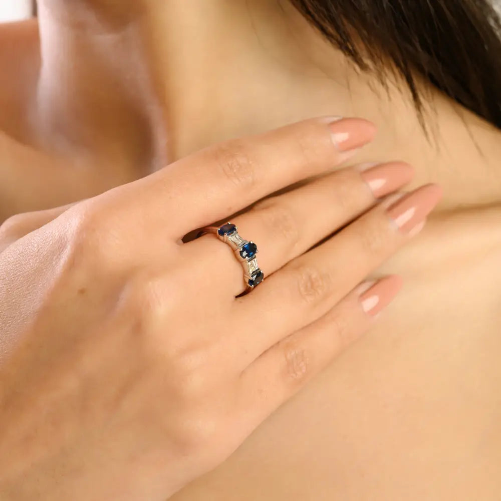 Newly Design 14K Solid White Gold Blue Sapphire & Diamond Three Stone Ring Custom Jewelry