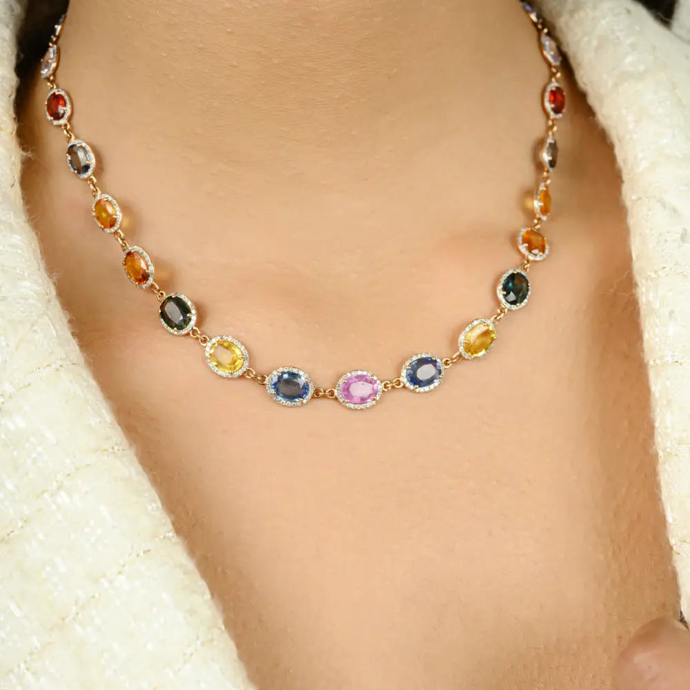 Multi Sapphire & Diamond Halo Station Chain Necklace 18K Rose Gold Women's Jewelry