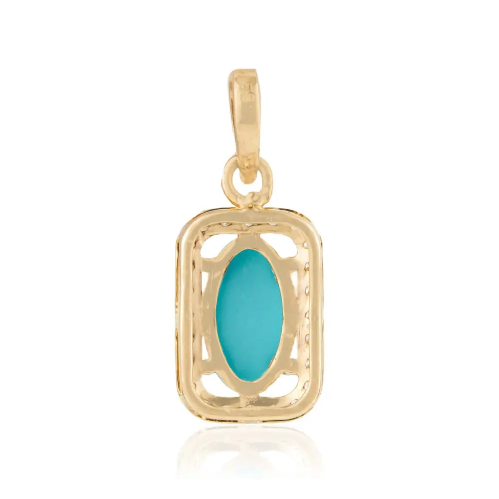Semi Precious Gemstone Turquoise & Diamond Solid K14 Yellow Gold Halo Pendant For Her