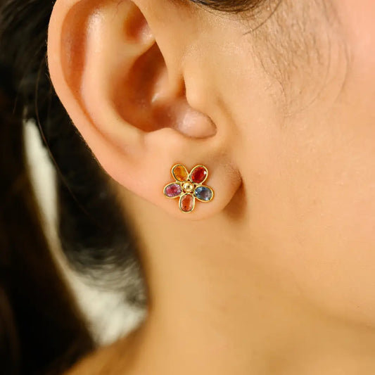 3x4mm Oval Cut Multi Sapphire Gemstone Floral Shape Stud Earrings 14K Yellow Gold Jewelry