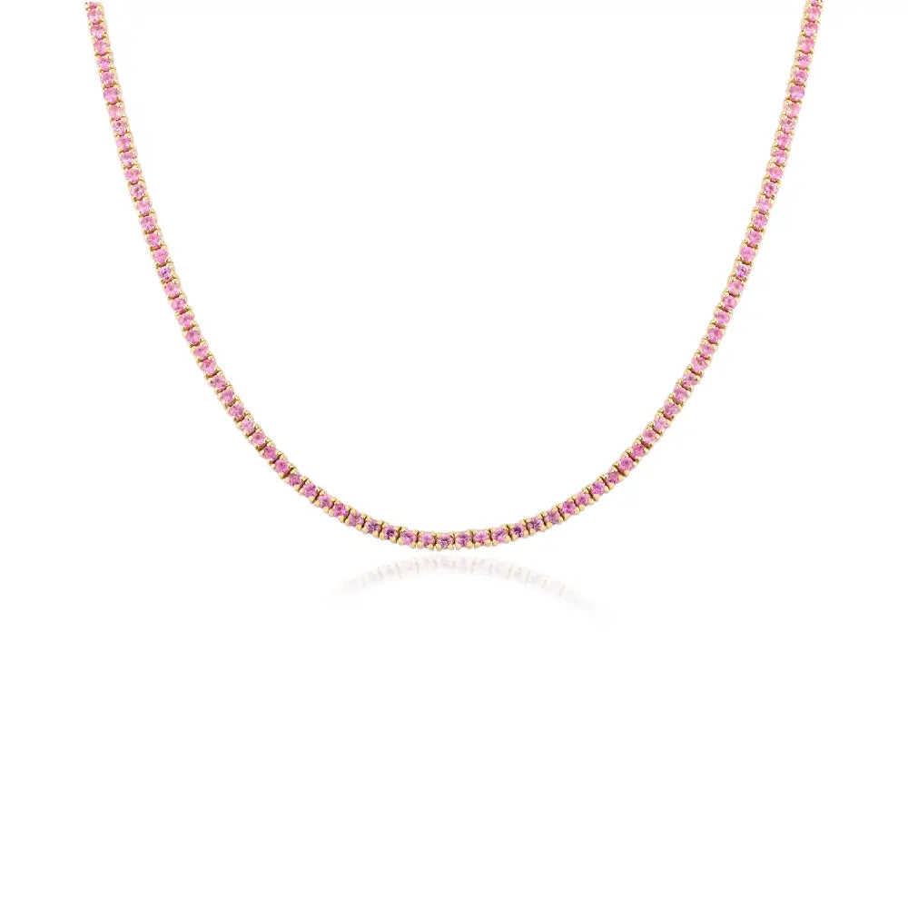 Natural Round Cut Pink Sapphire Sleek Tennis Necklace 14K Yellow Gold Handmade Jewelry