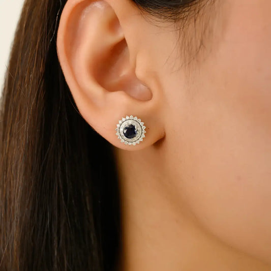 18K Pure White Gold Blue Sapphire & Diamond Round Shape Double Cluster Stud Earrings