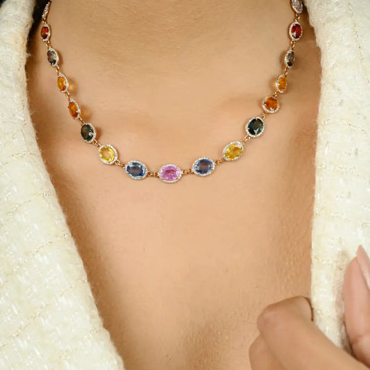 Multi Sapphire & Diamond Halo Station Chain Necklace 18K Rose Gold Women's Jewelry