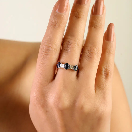 Newly Design 14K Solid White Gold Blue Sapphire & Diamond Three Stone Ring Custom Jewelry