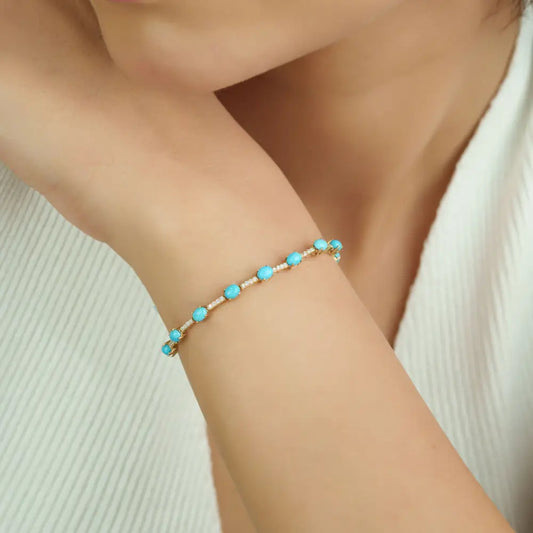 Elegant Turquoise & Diamond Sleek Tennis Bracelet Stackable 14K Yellow Gold Jewelry
