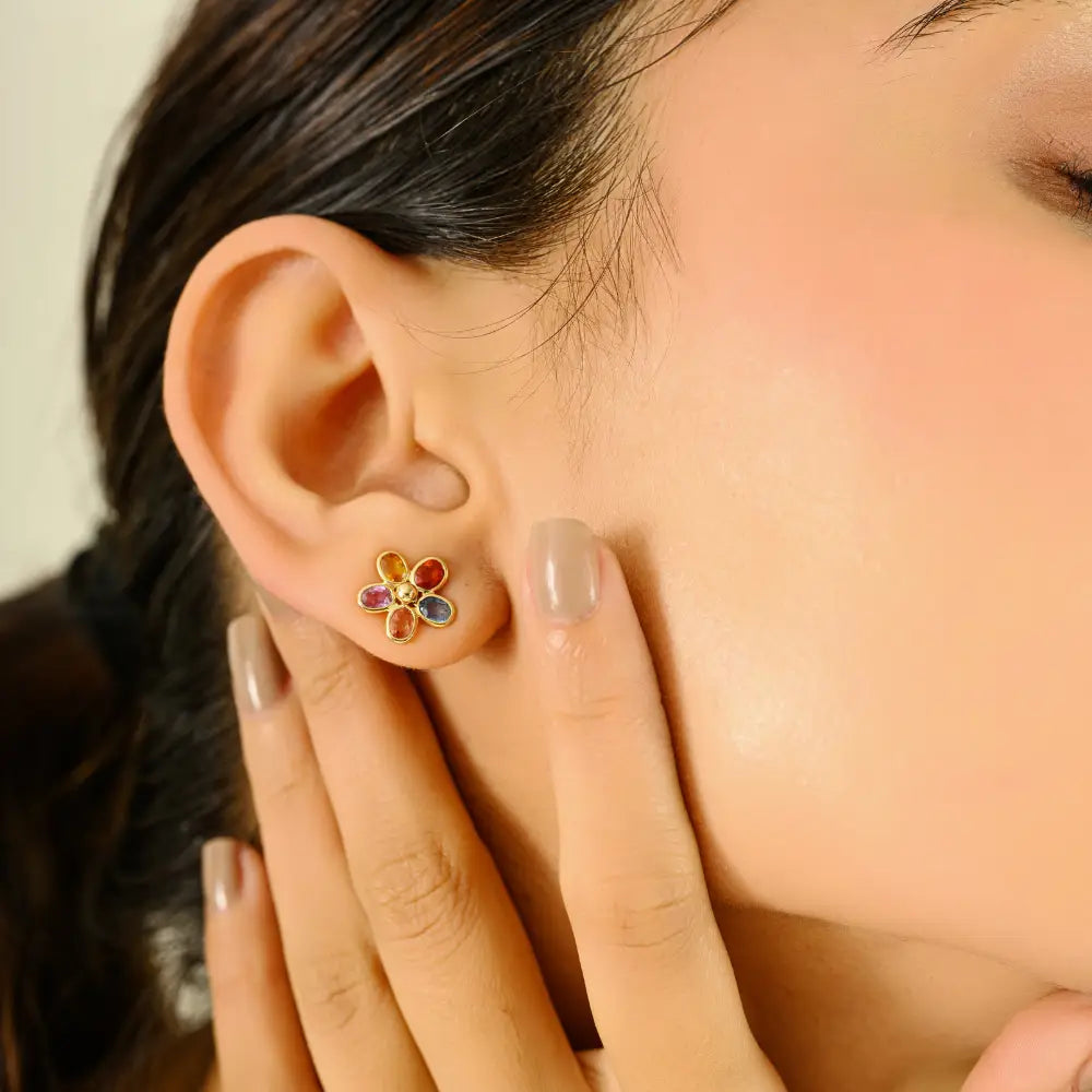 3x4mm Oval Cut Multi Sapphire Gemstone Floral Shape Stud Earrings 14K Yellow Gold Jewelry