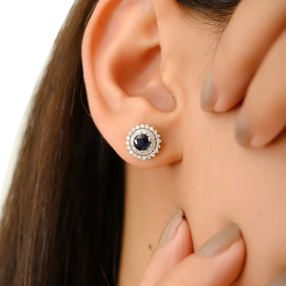 18K Pure White Gold Blue Sapphire & Diamond Round Shape Double Cluster Stud Earrings