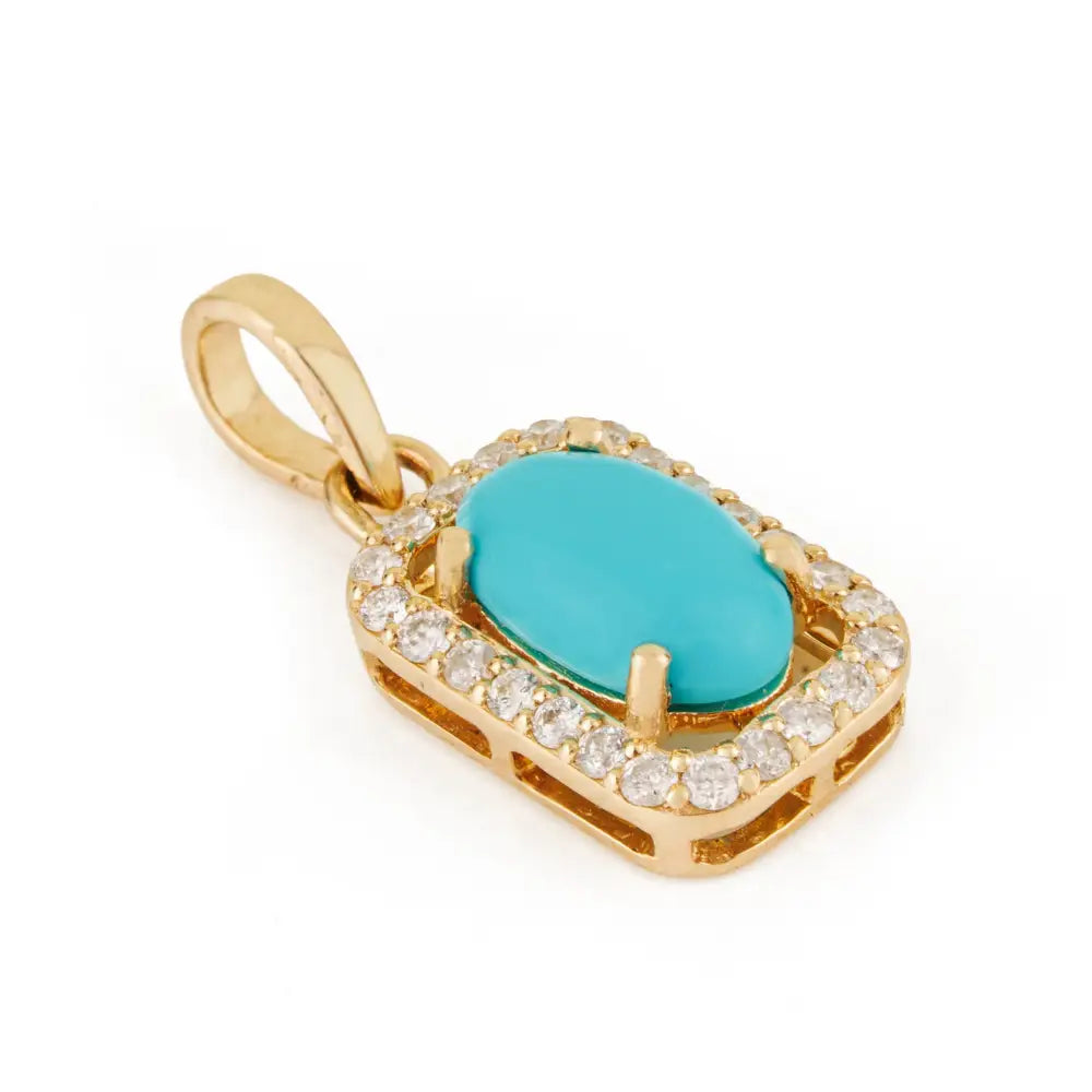 Semi Precious Gemstone Turquoise & Diamond Solid K14 Yellow Gold Halo Pendant For Her