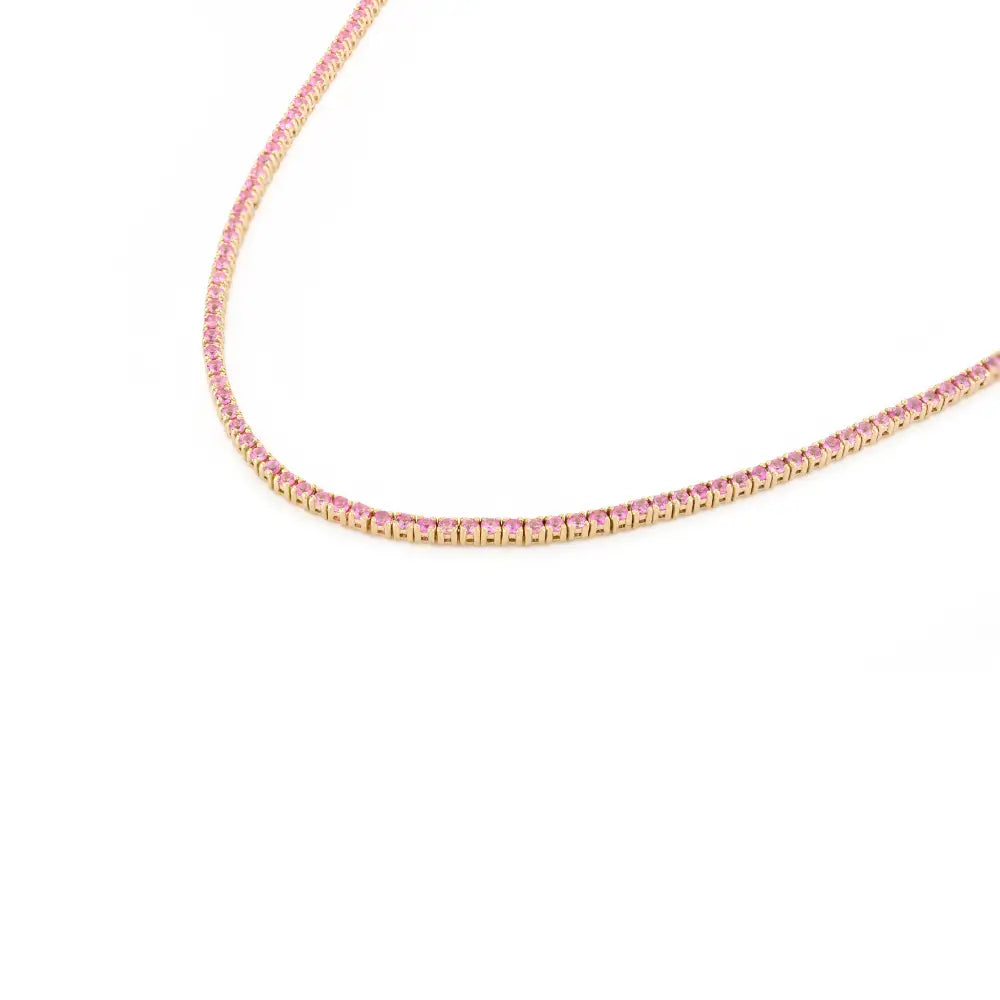 Natural Round Cut Pink Sapphire Sleek Tennis Necklace 14K Yellow Gold Handmade Jewelry