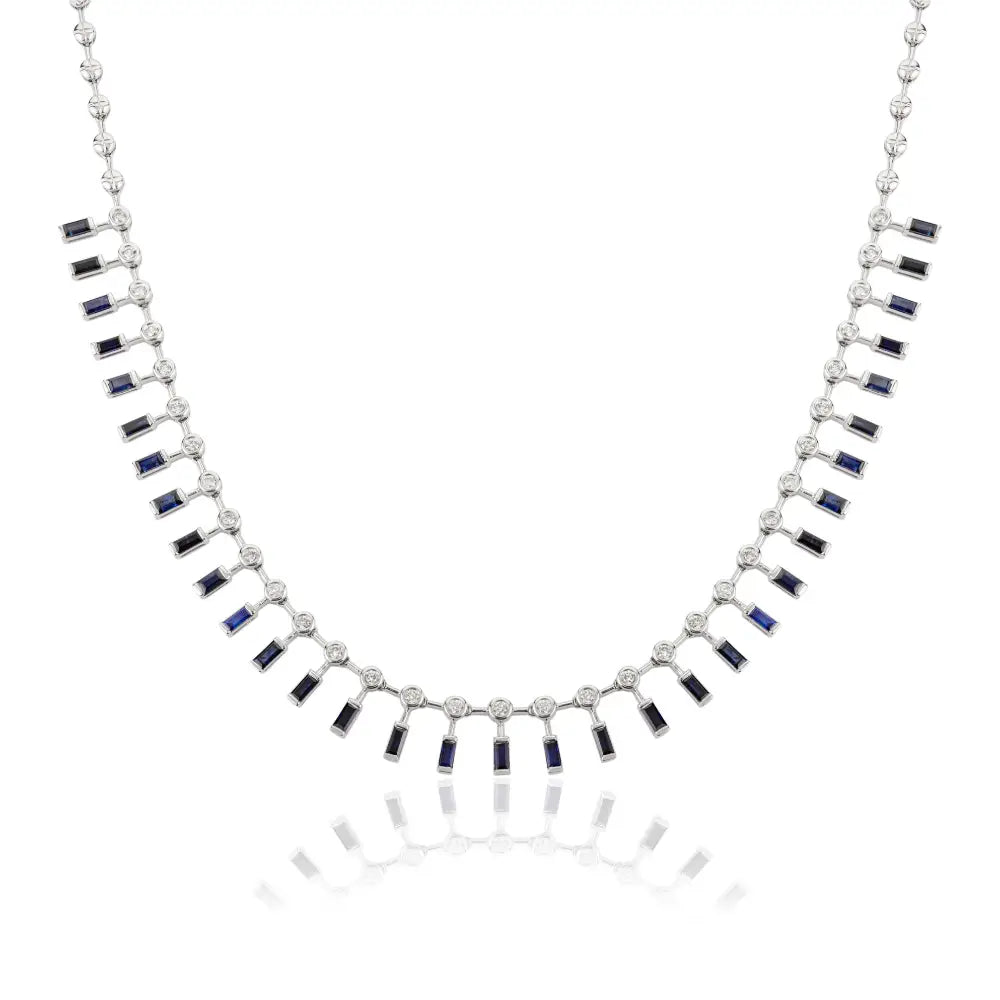 Real 18K White Gold Blue Sapphire & Diamond Choker Necklace Party Wear Jewelry