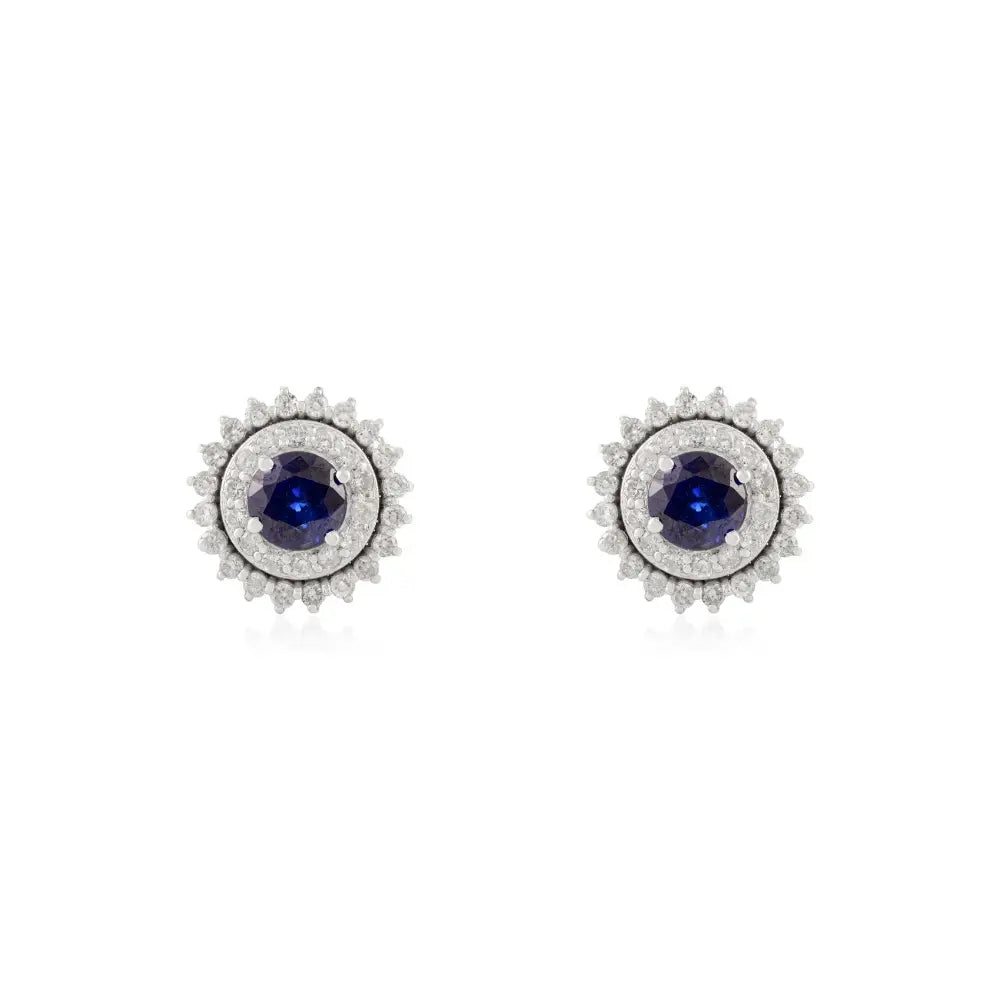 18K Pure White Gold Blue Sapphire & Diamond Round Shape Double Cluster Stud Earrings