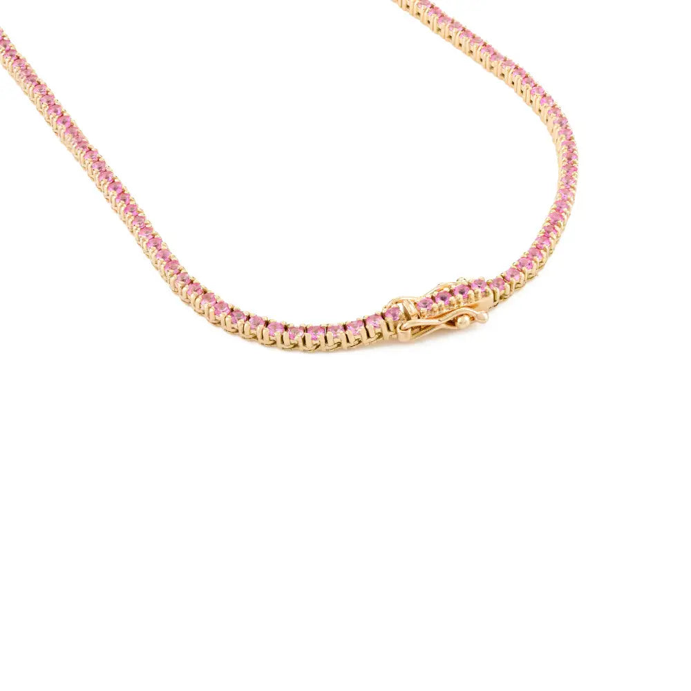 Natural Round Cut Pink Sapphire Sleek Tennis Necklace 14K Yellow Gold Handmade Jewelry