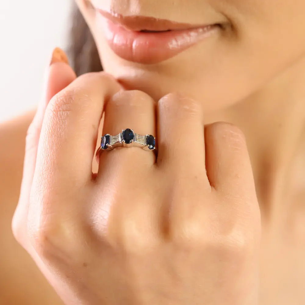 Newly Design 14K Solid White Gold Blue Sapphire & Diamond Three Stone Ring Custom Jewelry