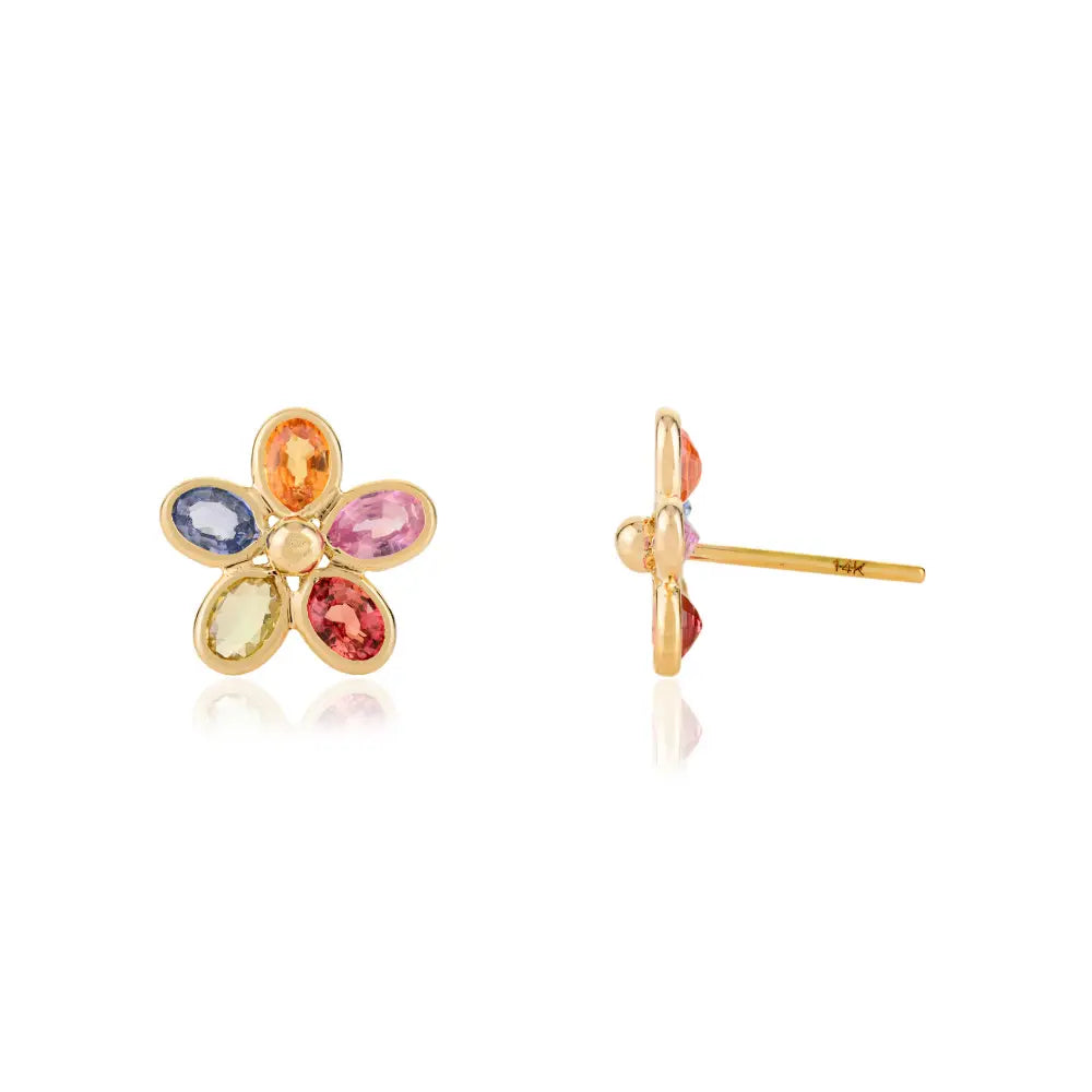 3x4mm Oval Cut Multi Sapphire Gemstone Floral Shape Stud Earrings 14K Yellow Gold Jewelry