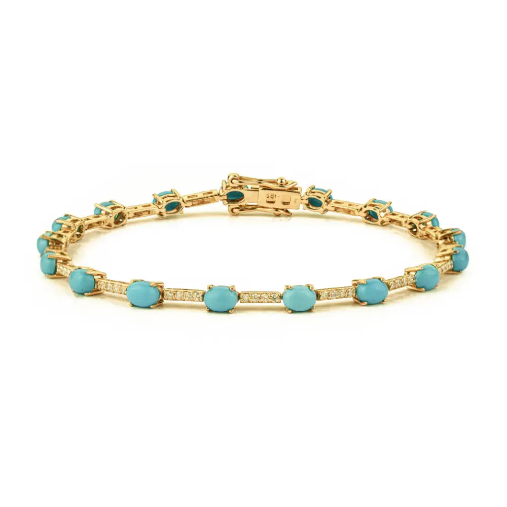 Elegant Turquoise & Diamond Sleek Tennis Bracelet Stackable 14K Yellow Gold Jewelry