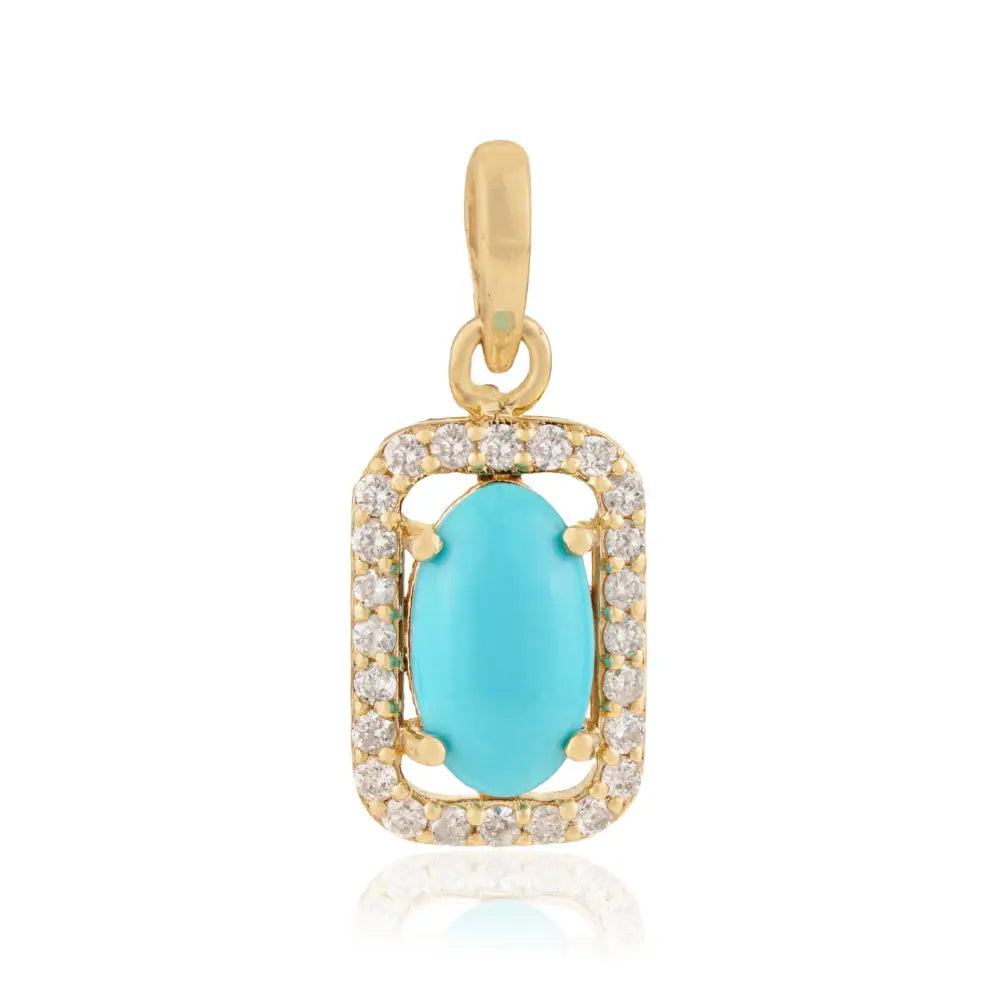 Semi Precious Gemstone Turquoise & Diamond Solid K14 Yellow Gold Halo Pendant For Her