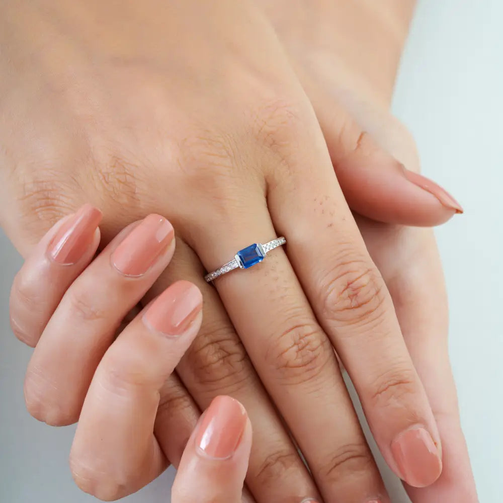 Half Bezel Set Blue Sapphire & Diamond Solid K14 White Gold Stacking Band Ring For Unisex
