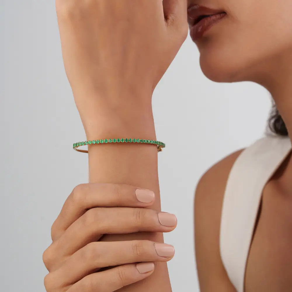 2.5mm Round Cut Emerald Stacking Bangle For Unisex Real K14 Yellow Gold Elegant Jewelry For Her