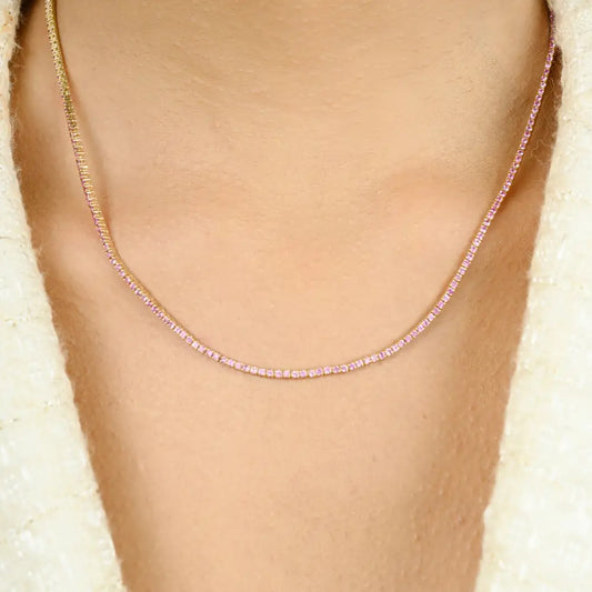 Natural Round Cut Pink Sapphire Sleek Tennis Necklace 14K Yellow Gold Handmade Jewelry