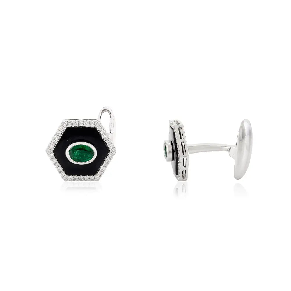 Emerald Black Onyx & Diamond Hexagon Shape Cufflinks For Men Gift For Him New Jewelry
