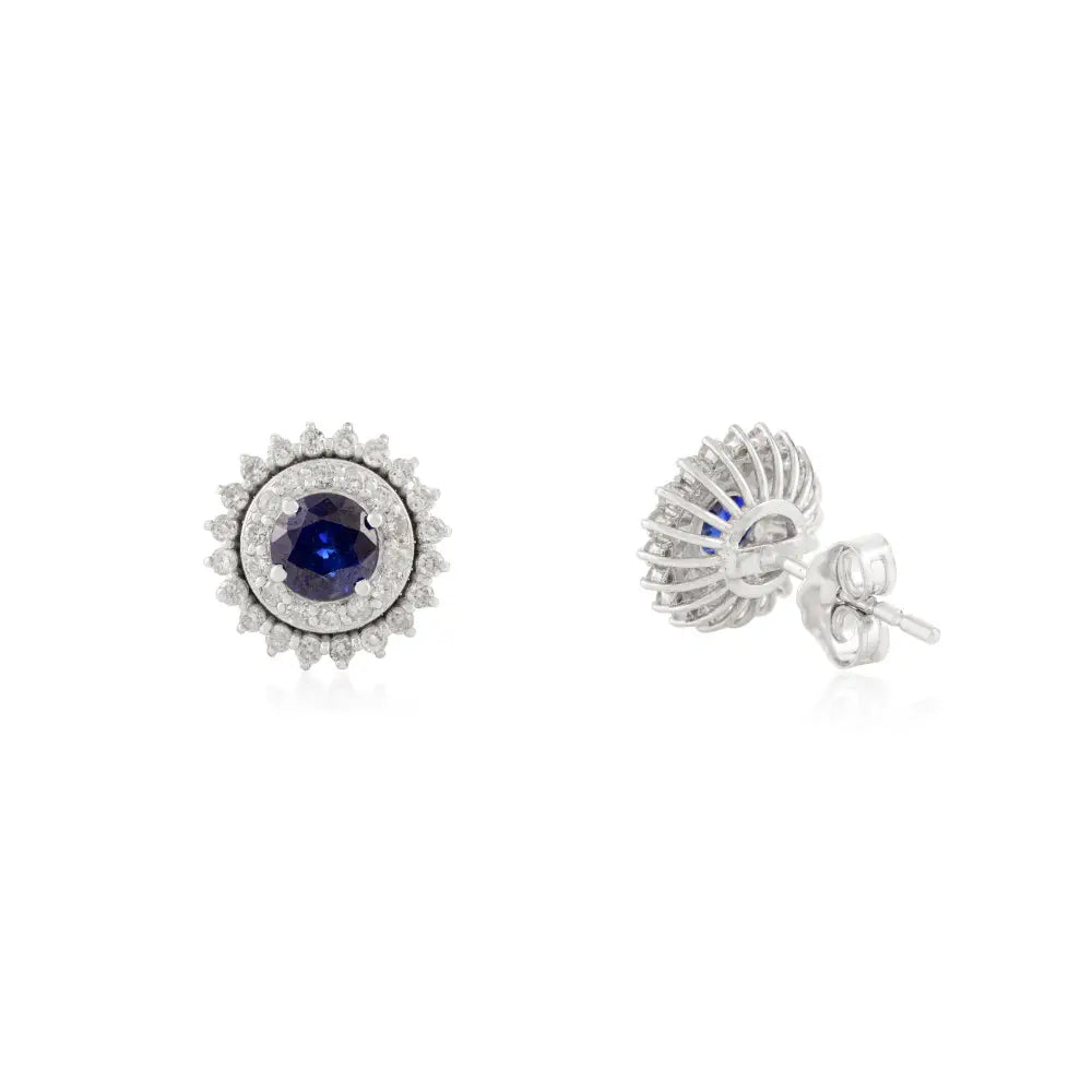 18K Pure White Gold Blue Sapphire & Diamond Round Shape Double Cluster Stud Earrings