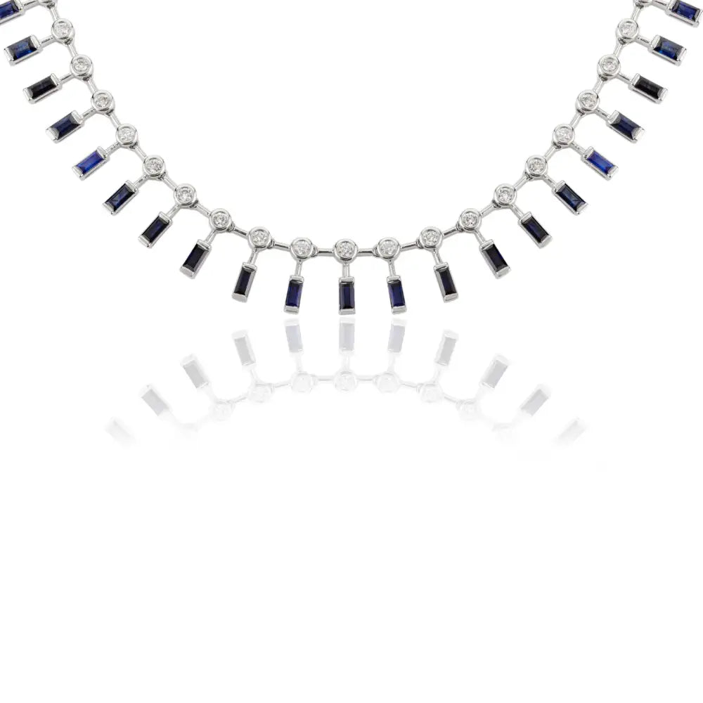 Real 18K White Gold Blue Sapphire & Diamond Choker Necklace Party Wear Jewelry