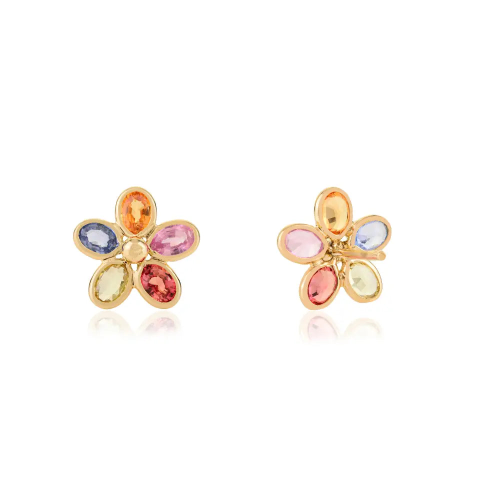 3x4mm Oval Cut Multi Sapphire Gemstone Floral Shape Stud Earrings 14K Yellow Gold Jewelry