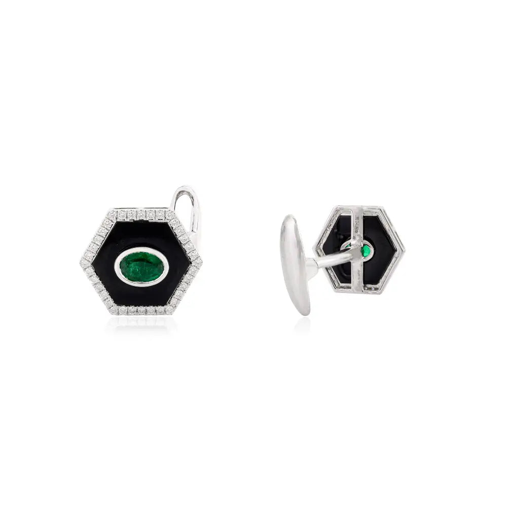 Emerald Black Onyx & Diamond Hexagon Shape Cufflinks For Men Gift For Him New Jewelry
