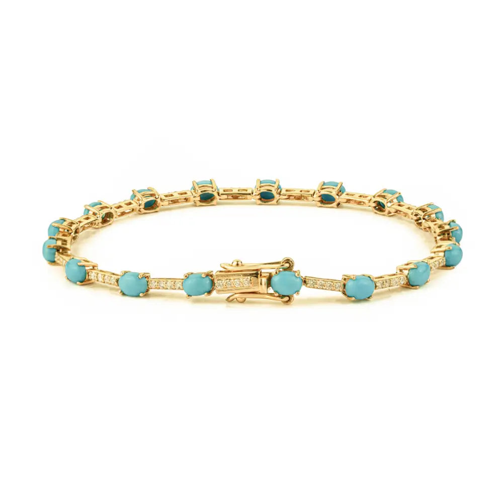 Elegant Turquoise & Diamond Sleek Tennis Bracelet Stackable 14K Yellow Gold Jewelry