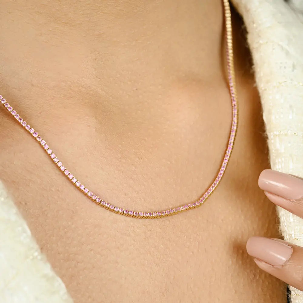 Natural Round Cut Pink Sapphire Sleek Tennis Necklace 14K Yellow Gold Handmade Jewelry