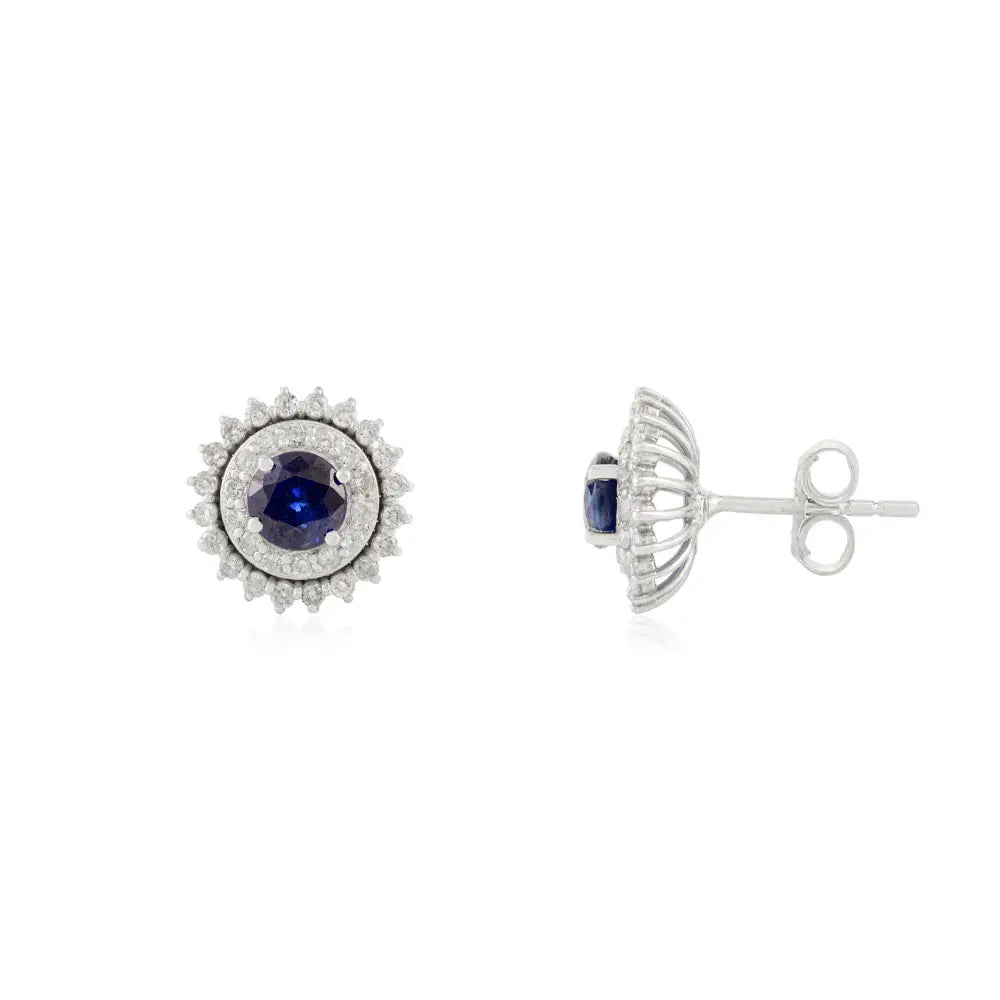 18K Pure White Gold Blue Sapphire & Diamond Round Shape Double Cluster Stud Earrings