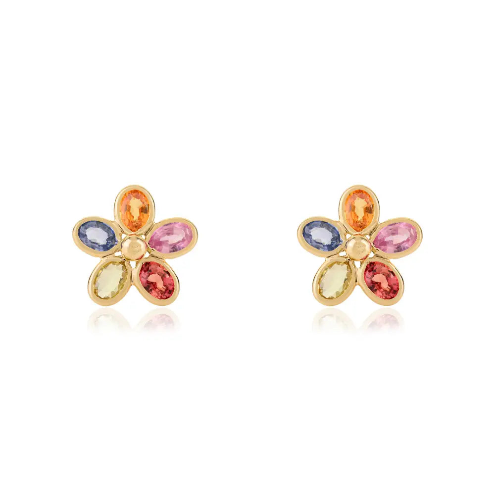 3x4mm Oval Cut Multi Sapphire Gemstone Floral Shape Stud Earrings 14K Yellow Gold Jewelry