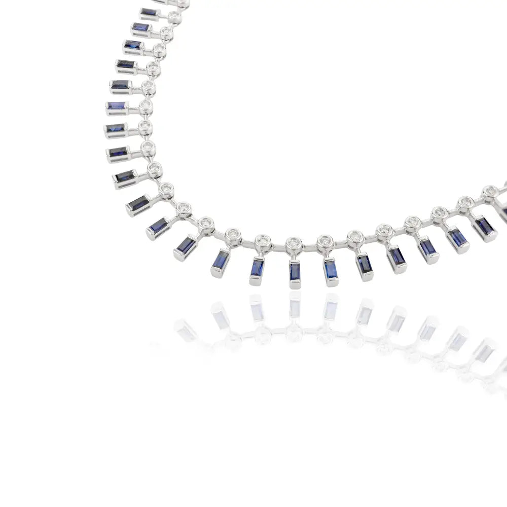 Real 18K White Gold Blue Sapphire & Diamond Choker Necklace Party Wear Jewelry