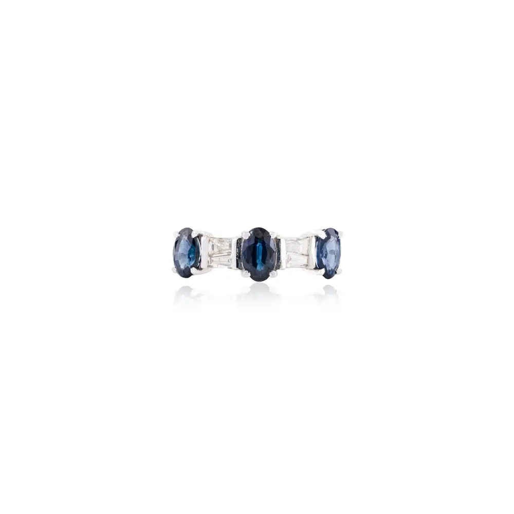 Newly Design 14K Solid White Gold Blue Sapphire & Diamond Three Stone Ring Custom Jewelry