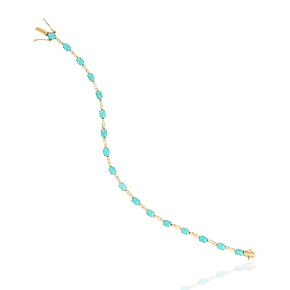 Elegant Turquoise & Diamond Sleek Tennis Bracelet Stackable 14K Yellow Gold Jewelry
