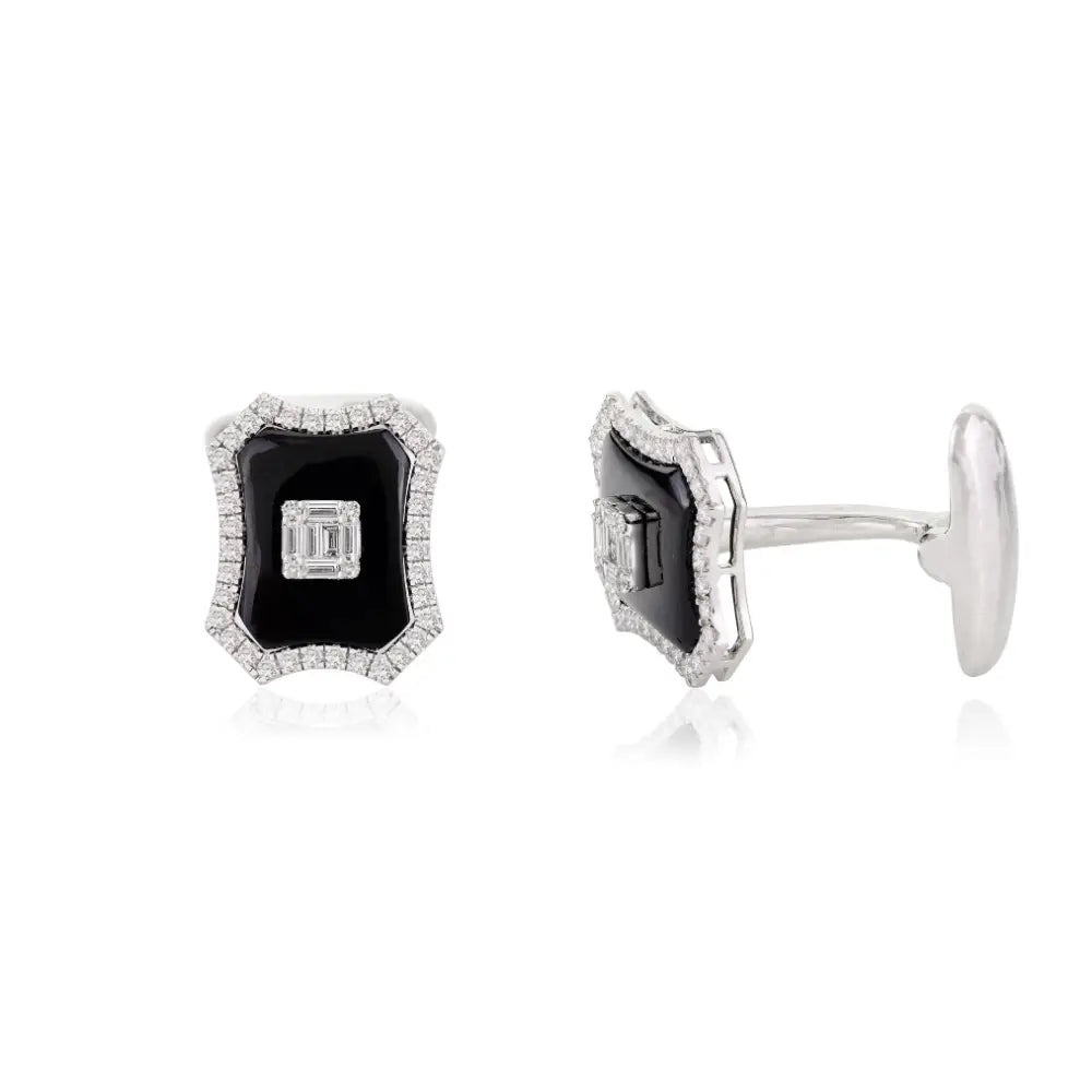 Unique Designer Fancy Shape Black Onyx & Diamond 18K White Gold Cufflinks Wedding Jewelry