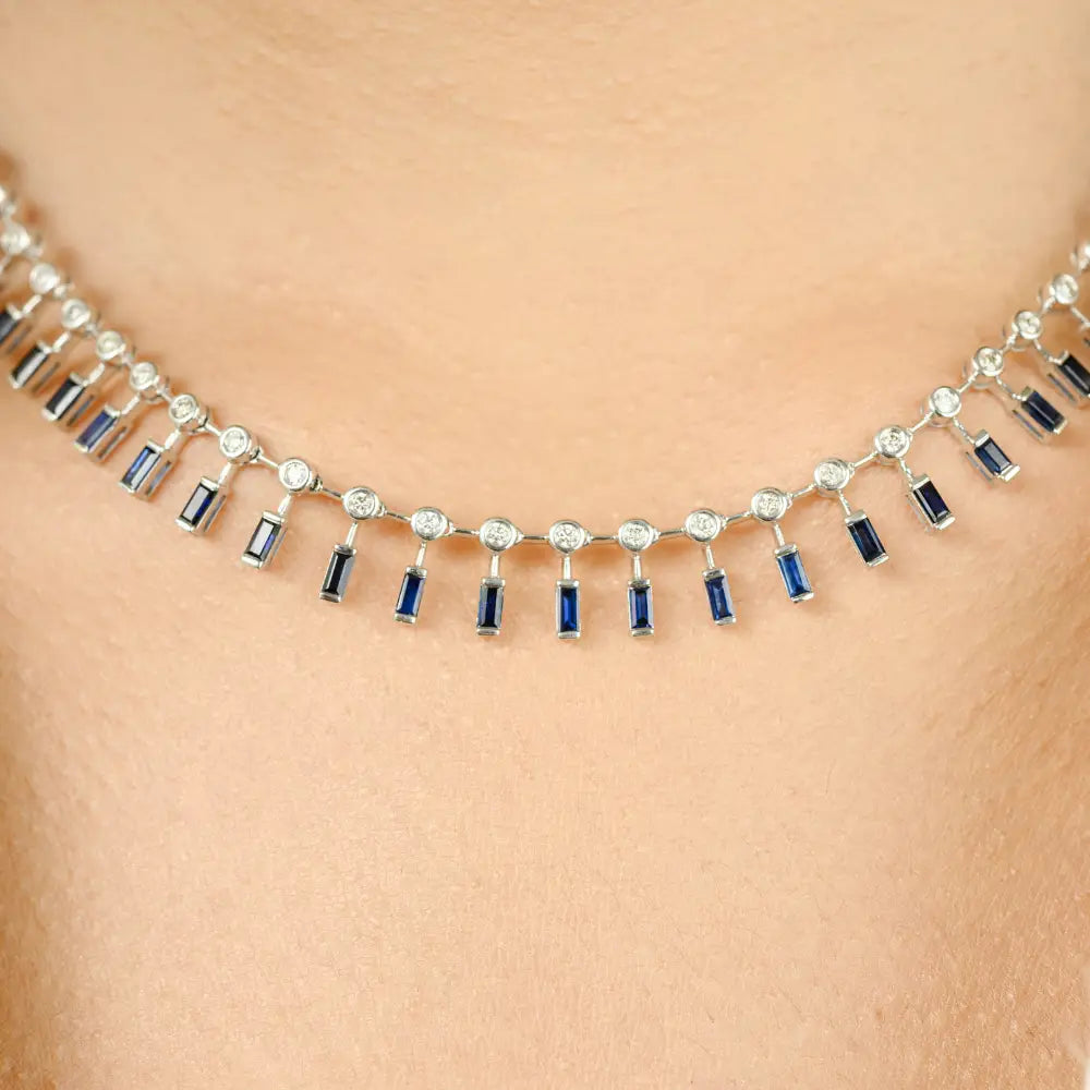 Real 18K White Gold Blue Sapphire & Diamond Choker Necklace Party Wear Jewelry