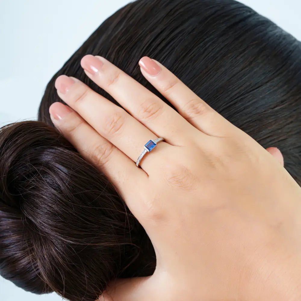 Half Bezel Set Blue Sapphire & Diamond Solid K14 White Gold Stacking Band Ring For Unisex
