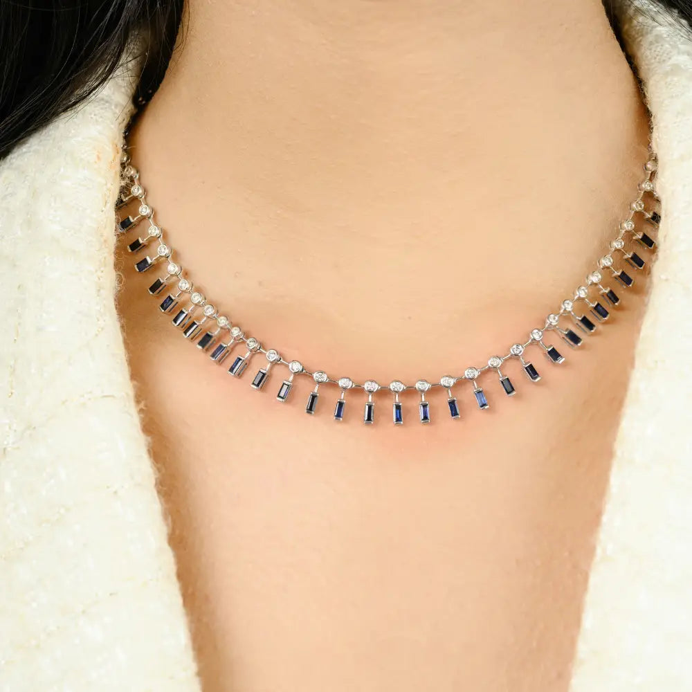 Real 18K White Gold Blue Sapphire & Diamond Choker Necklace Party Wear Jewelry
