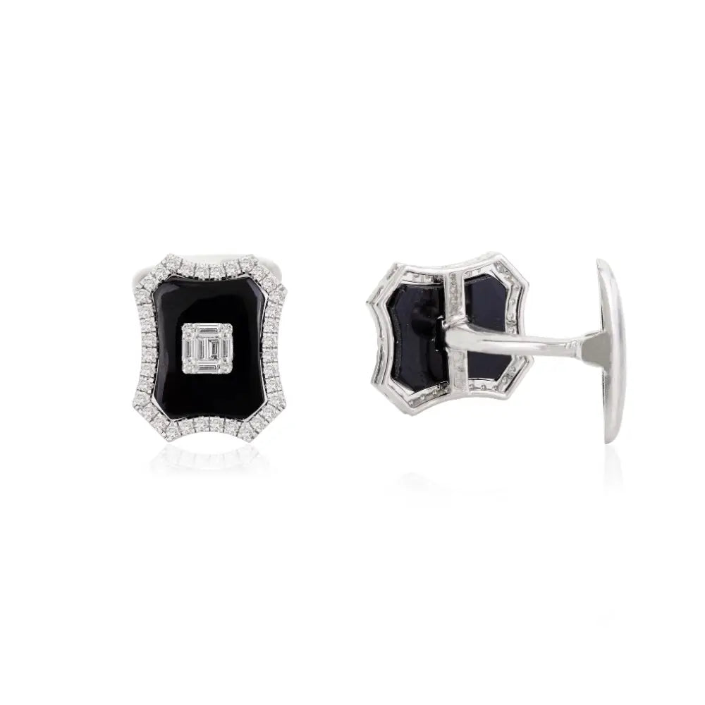 Unique Designer Fancy Shape Black Onyx & Diamond 18K White Gold Cufflinks Wedding Jewelry