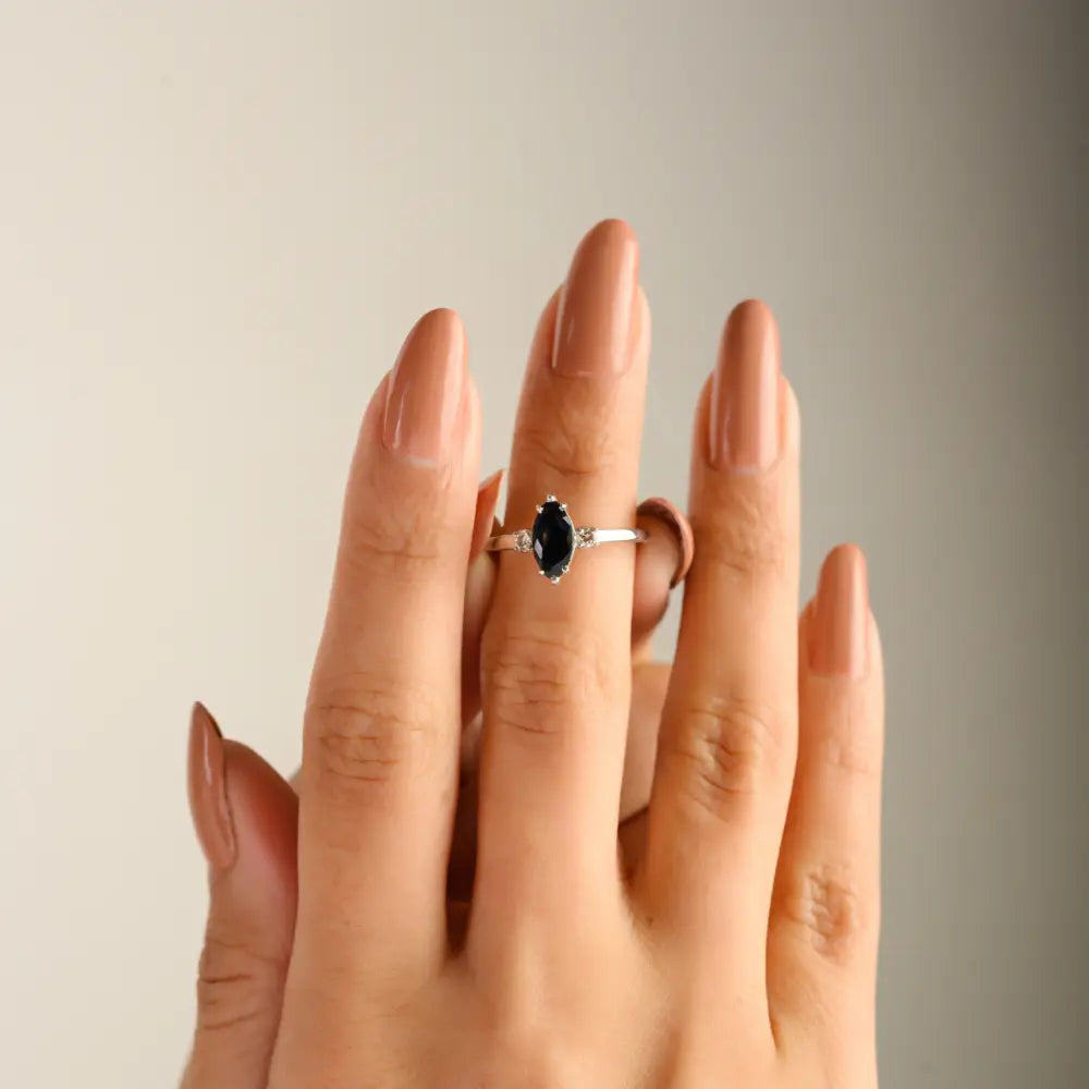 K14 White Gold Marquise Blue Sapphire & Round Diamond Engagement Ring Custom Jewelry
