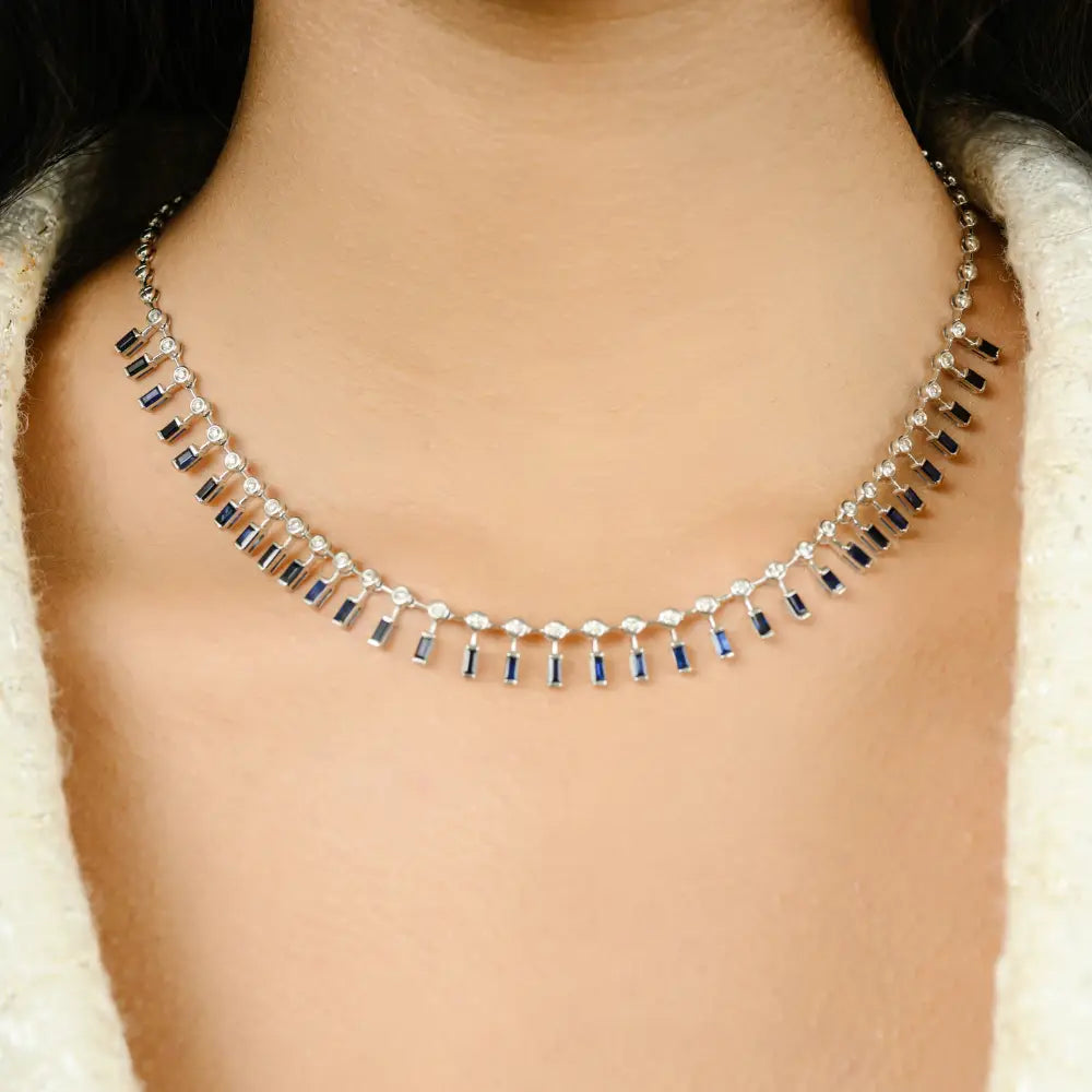 Real 18K White Gold Blue Sapphire & Diamond Choker Necklace Party Wear Jewelry